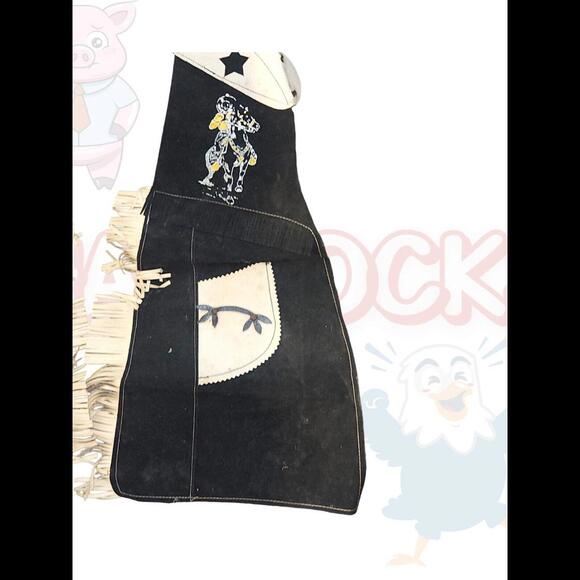 Vintage Western Fringe Chaps Black Suede White Leather Kids - Picture 5 of 9